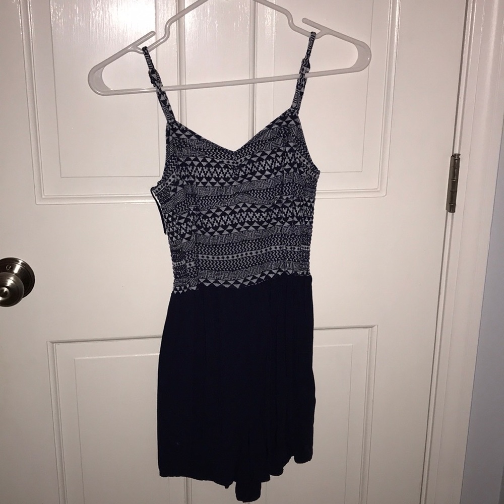 Blue romper, printed top, solid blue bottom